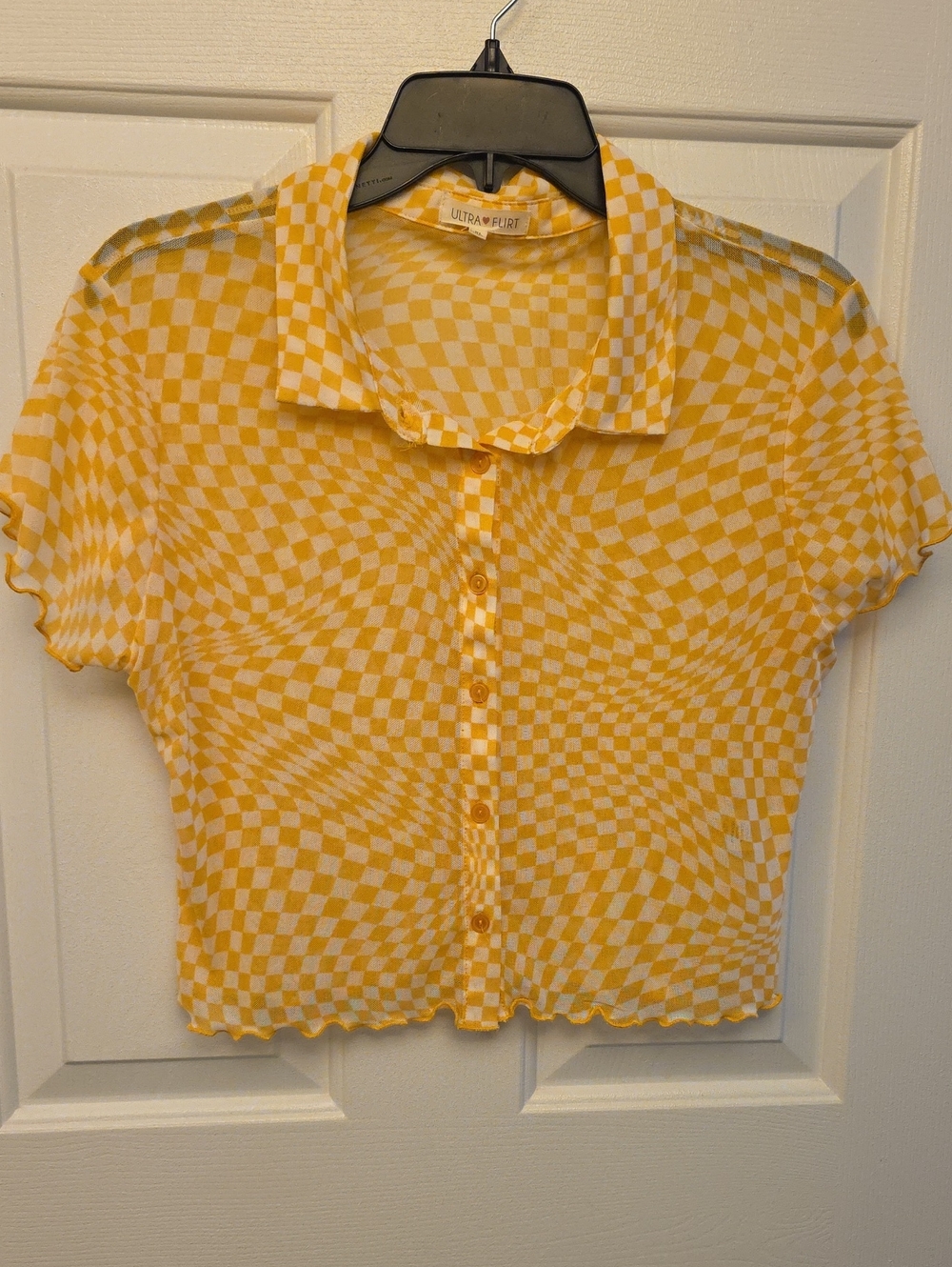 Ultra Flirt Yellow Checkered Short Sleeve Button Crop Shirt